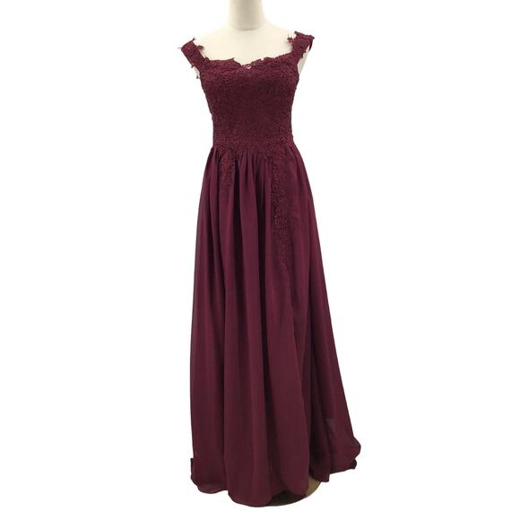 MOTHER OF THE BRIDE SZ 2 XS Burgundy Lace Up Off Shoulder Maxi Dress NEW B160 - Picture 1 of 10
